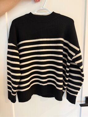 Zara Black and White Striped Crewneck Sweater